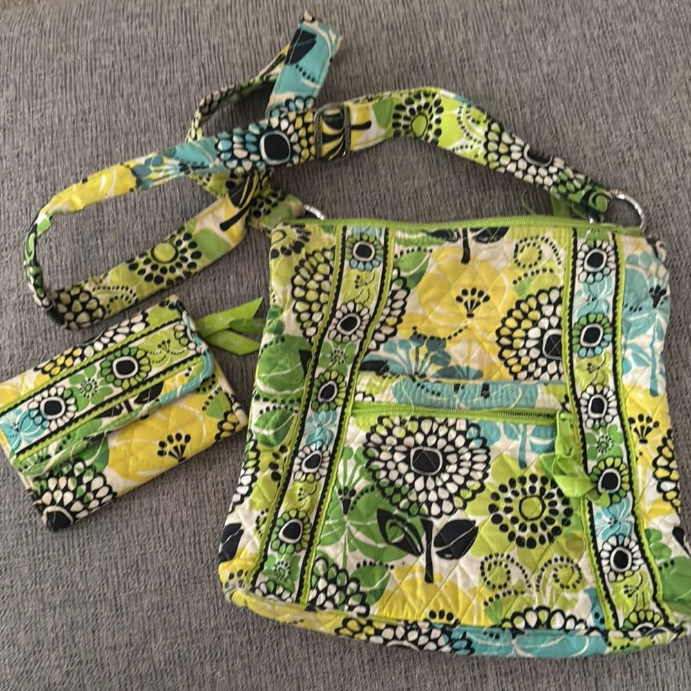 Vera Bradley Green and Yellow Crossbody Bag with matching wallet